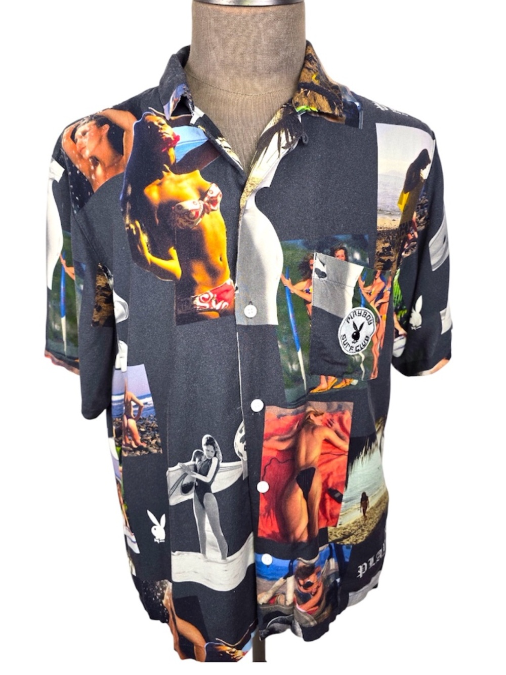 Playboy x PacSun Surf Club Rayon Camp Shirt Beach Collage Black Mens Large